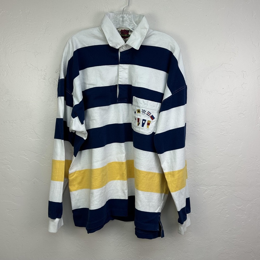 Vintage Eddie Bauer Shirt Mens‎ 2XL Navy White Yellow Rugby Striped Pocket 90s